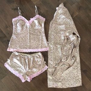 Lace Trim Satin Pajama and Kimono Set